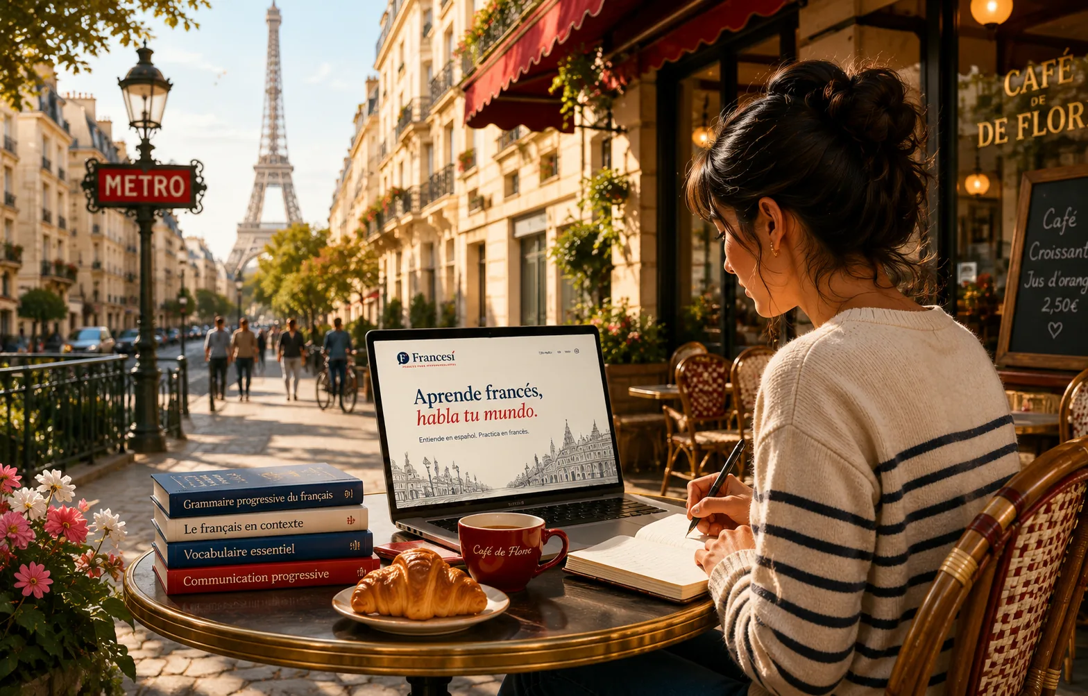 Persona hispanohablante aprendiendo francés en una cafetería francesa
